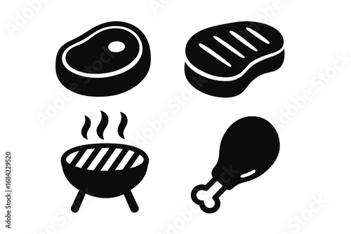 Meat steak silhouette icon set for barbecue and grilling. Bold vector food graphics for cooking includes raw beef steak, grilled meat, chicken leg, and hot BBQ grill symbols.
