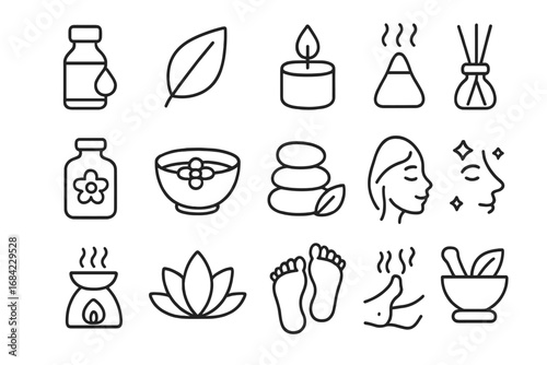 Aromatherapy spa wellness outline icon set. Essential oil, massage, beauty treatment linear vector icons. For relaxation, health, skincare concepts. Natural holistic therapy, zen symbols.