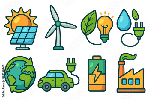 Green energy vector icon set. Solar panel, wind turbine, clean power, water resource, planet recycle, electric car, battery charge. Sustainability, eco-friendly concept.