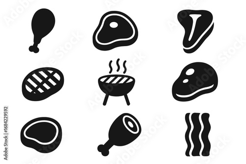 Meat and steak solid icon collection. BBQ and grilling glyph set. Vector illustration of beef, pork, chicken leg, T-bone steak, bacon, and ham. Food symbols for menu design.