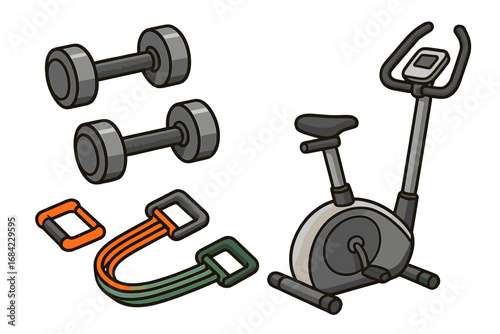 Fitness equipment set for home gym workout. Vector cartoon illustration of dumbbells, resistance bands, and stationary exercise bike for strength and cardio training. Isolated.