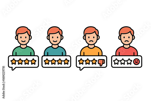 Customer review with 5 star rating. User feedback and client satisfaction concept. People icons show positive and negative testimonials and experience for online service or app.