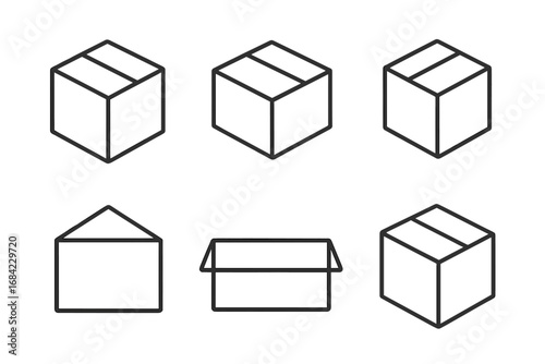 Box line icon set. Simple package and parcel outline collection. Vector graphic for delivery, shipping, logistic, and storage concepts. Open and closed cardboard containers.