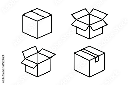Box icon set. Folded cardboard boxes outline collection. Simple linear vector illustrations with editable stroke. Open, closed, taped carton for delivery and shipping.
