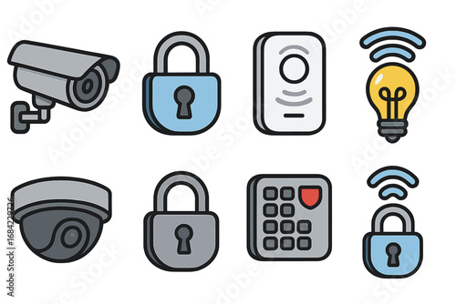 Smart home security and automation icon set. Vector cartoon illustration of camera, lock, sensor, cctv, keypad. Concept of safety, protection, surveillance, iot technology.