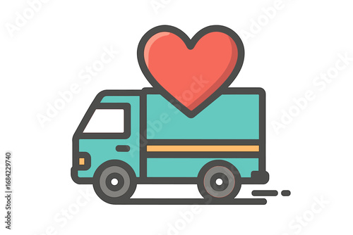 Delivery truck with heart vector icon. Love, care, and charity concept. Fast shipping and express logistics for e-commerce. Humanitarian aid and donation transport symbol.