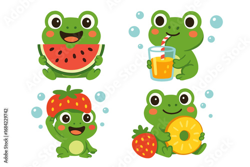 Cute green frogs enjoying fruits. Cartoon vector character set with a frog eating watermelon, drinking juice, wearing a strawberry hat, and holding a pineapple. Playful summer fun.
