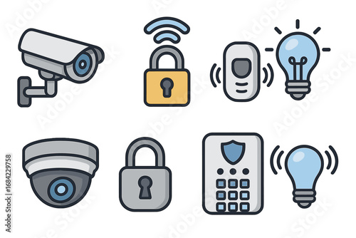 Smart home security and automation icon set. Vector symbols for safety and protection. Includes CCTV camera, wifi lock, motion sensor, alarm system, and smart light bulb icons.