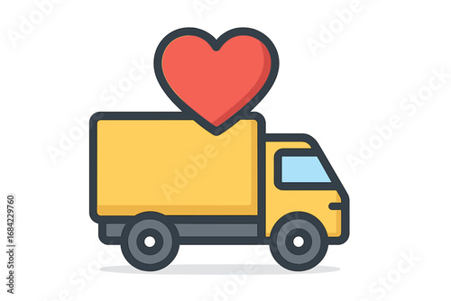 Delivery truck with a heart icon. Concept for charity, donation, and love. Vector illustration for logistics service, humanitarian aid, and shipping. Isolated graphic element.