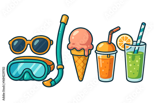 Summer vacation icon set with beach essentials. Vector cartoon illustration of sunglasses, snorkel, ice cream, and drinks. Concept for holiday, travel, leisure, and fun activities.