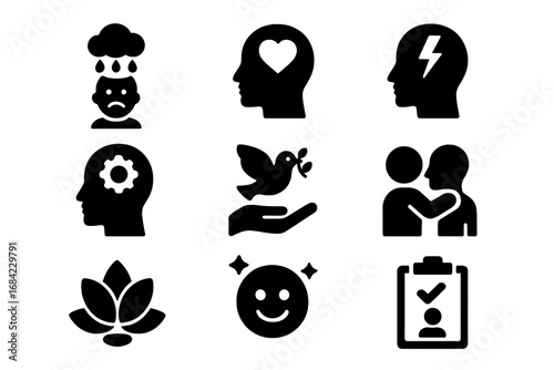 Mental health solid glyph icon set for psychology and therapy. Vector graphics collection for stress relief, wellness, depression, and anxiety concepts. Mindfulness and support symbols.
