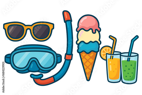 Summer vacation essentials icon set. Beach holiday collection with sunglasses, snorkel mask, ice cream cone, cold drinks. Vector cartoon illustration for travel, leisure, fun.