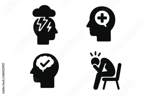 Mental health solid icon set. Stress, anxiety, depression, and therapy concepts. Psychology, brain health, burnout, mind storm, positive thinking, and treatment symbols.