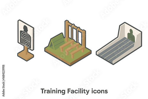 Training facility isometric icon set. Military or police training ground elements. Vector shooting range target, obstacle course, and firing lane. Army bootcamp exercise concept.