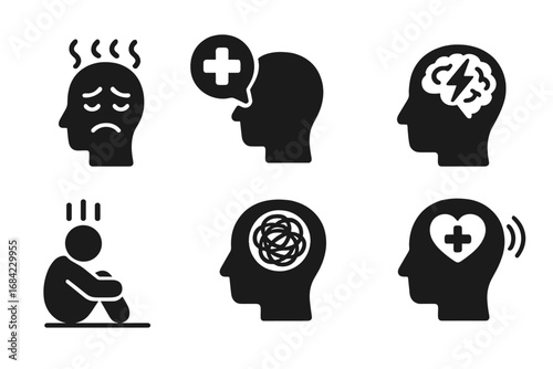 Mental health solid icon set. Stress, anxiety, depression, therapy symbols. Psychology concept, brain health, emotional state vector glyphs. Human head silhouettes.