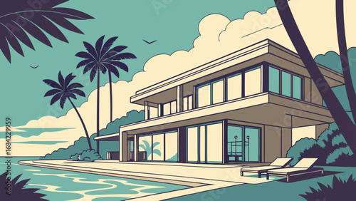 Modern Beach House Illustration Tropical Vacation Home Luxury Villa Design Seaside Property Summer Resort Poolside Relaxation Palm Trees Ocean View Coastal Living Idyllic Escape Dream Home Architectu.