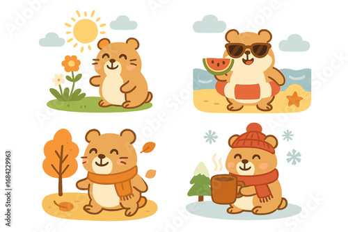 Cute hamster character set for all four seasons: spring, summer, autumn, winter. Adorable cartoon rodent in different weather. Kawaii animal vector illustration collection.