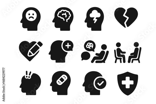 Mental health solid icon set. Psychology, therapy and emotion symbols. Brain, stress, depression, anxiety, healing, recovery, support and counseling vector pictograms.