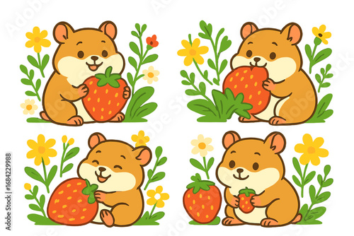 Set of cute cartoon hamsters with strawberries. Kawaii animal characters eating fresh berries in a garden with flowers. Cheerful rodent mascot vector illustration collection.