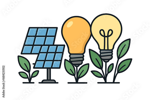 Green energy concept. Solar panels, light bulbs as plants. Renewable power, sustainable electricity, eco innovation. Photovoltaic technology. Clean energy solution vector icon.