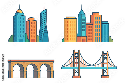 Colorful city constructor elements vector set. Modern urban architecture, office buildings, skyscrapers, suspension bridge, and aqueduct. Flat line cartoon illustration icons.