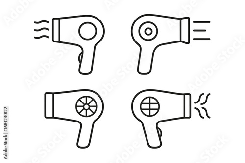 Hairdryer line icon set. Hair care and beauty salon pictograms. Blower, blowdryer outline symbols. Minimalist appliance for drying and styling hair. Grooming tool vector.