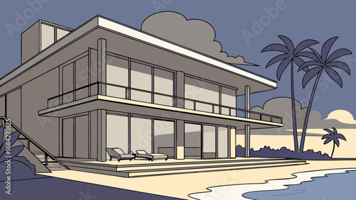 Modern Beachfront House Illustration Tropical Vacation Home Architectural Design Minimalist Style Luxury Real Estate Ocean View Palm Trees Sunset.