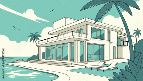 Modern Beachfront House Illustration Tropical Vacation Home Luxury Real Estate Design Poolside Relaxation Summer Idyll Seaside Property.