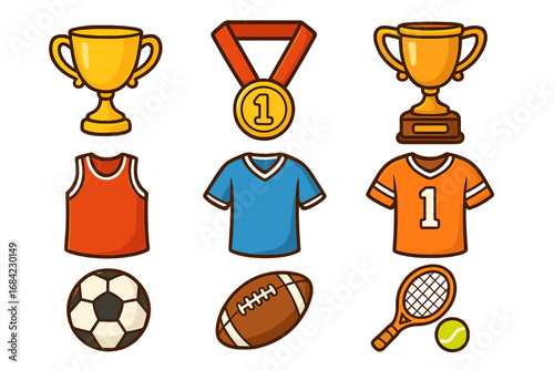 Sports equipment icon set. Vector cartoon illustration of winner awards, trophy cup, gold medal, jerseys. Soccer, football, tennis. Competition and championship concept.