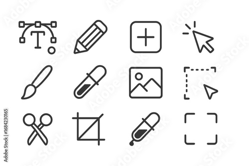 Editing tools line icon set. Graphic design symbols for app UI. Minimalist vector pictograms collection for software. Includes pen, pencil, crop, cut, brush, color picker.