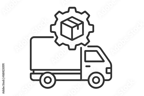 Delivery truck with gear and package icon, logistics and transportation concept, supply chain management vector illustration, cargo, shipping, ecommerce, fast delivery service, transparent background
