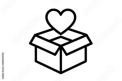 Heart in open box line icon. Symbol of donation, charity, help, and support. Vector concept of love, care, giving, volunteering. Unpacking a gift. Organ donation metaphor.