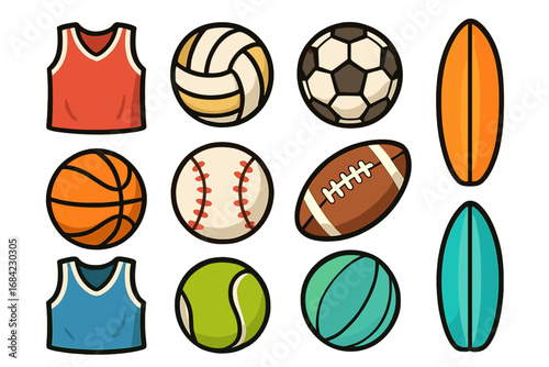 Sports equipment icon set. Vector collection of balls, jerseys and surfboards. Basketball, soccer, football, baseball, volleyball, tennis. Flat cartoon graphic illustration.