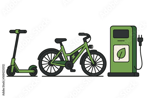 Sustainable transport illustration. Electric scooter, e-bike, and EV charging station. Concept of green energy, eco-friendly mobility, and clean urban transportation. Vector set.