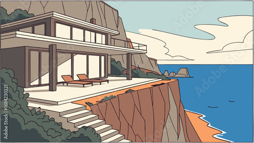 Modern Cliffside House Ocean View Luxury Home Coastal Architecture Seaside Villa Summer Vacation Dream Home Tropical Getaway Property Illustration Real Estate Design Minimalist Style Architectural Dr.