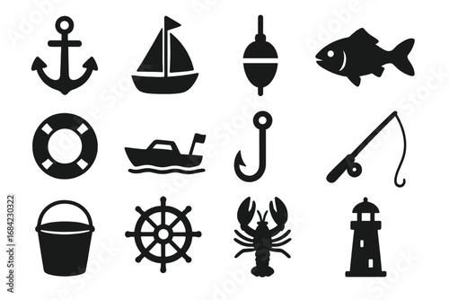 Nautical fishing silhouette icon set. Maritime boat and sea life icons. Vector collection of anchor, fish, lobster, lighthouse, sailboat, ship wheel, hook and lifebuoy symbols.