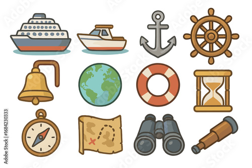Nautical travel icon set. Cruise ship, yacht, anchor, helm vector collection. Maritime exploration, vacation and adventure cartoon symbols. Marine navigation and sea journey icons.