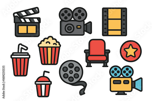 Various cartoon vector icons representing film industry and cinema culture, including clapperboard, vintage cameras, film reels, popcorn, drinks, cinema seat, and star badge, transparent background