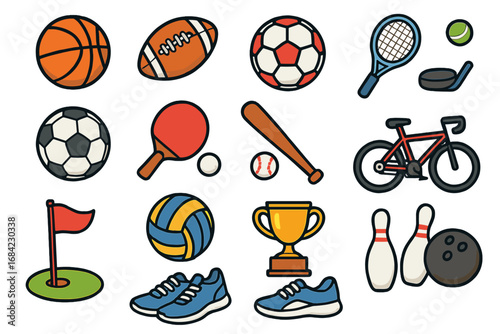 Sports icon set. Collection of game equipment for basketball, football, soccer, tennis, baseball, volleyball, bowling, golf. Vector cartoon illustration of recreational activities.