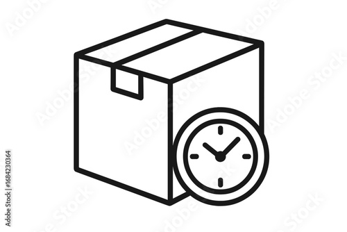Delivery time icon. Shipping schedule and logistics management. Fast package delivery service. Vector line illustration of a box and clock. Express parcel shipment waiting.