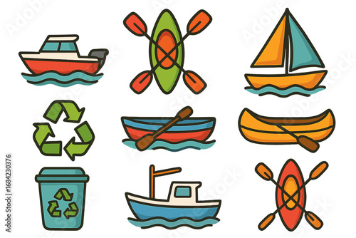 Colorful Marine and Watercraft Icons Set Including Boats, Kayaks, Sailboats, Canoes, and Recycling Symbols with Transparent Background, Vector Cartoon Illustration