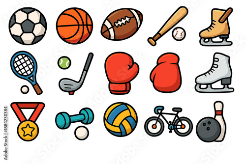 Sports icon set. Collection of cartoon vector elements. Soccer, basketball, football, baseball, tennis, golf, boxing, bowling, cycling. Flat design sport equipment signs.