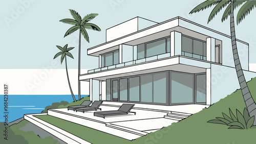 Modern Coastal House Architectural Illustration Ocean View Home Design Tropical Villa Luxury Real Estate Seaside Property Dream Home Vacation Rental Two Story Building Patio with Loungers.