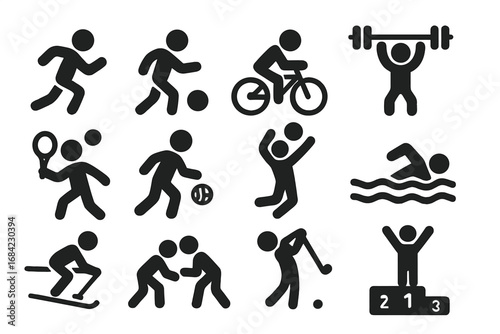 Sport icons set. Minimalist pictogram collection. Football, running, swimming, cycling, weightlifting, basketball. Vector symbol for web, app, infographic. Silhouette people.
