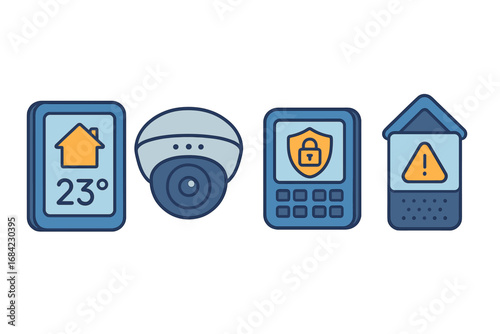 Smart home automation and security system icon set. Vector illustrations of house technology concepts. Includes CCTV camera, alarm panel, thermostat, and safety sensor icons.