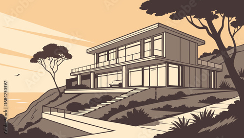 Modern coastal house illustration hillside home design luxury villa architecture ocean view property sunset landscape two-story building stylish home exterior minimalist design real estate architectu.