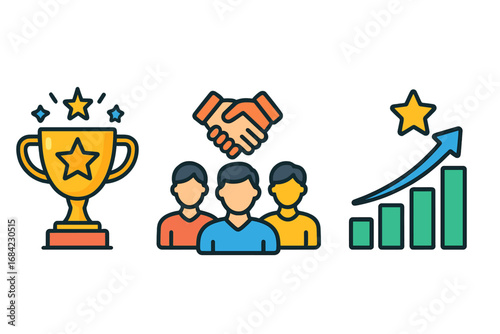 Colorful vector icons illustrating achievement, teamwork, success, and growth in modern cartoon style, perfect for digital projects, business, and team collaboration concepts
