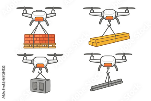 Drone construction delivery set. Quadcopter lifting building materials like bricks, wood, concrete blocks, steel rebar. Future logistics, transport, and industry technology concept.