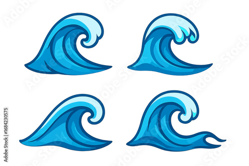 Vector illustration of 4 stylized ocean wave icons in blue tones with unique crests and curves, symbolizing sea surf nature beach themes for summer coastal design elements