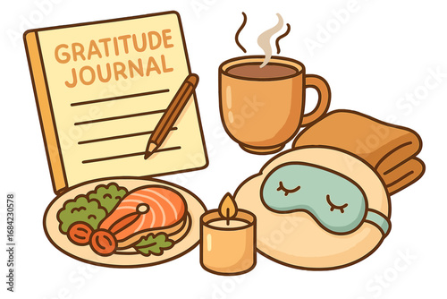 Self-care practice essentials for mental health and wellbeing. Gratitude journal, healthy food, sleep mask, hot drink and candle. Relaxation and mindfulness vector concept.